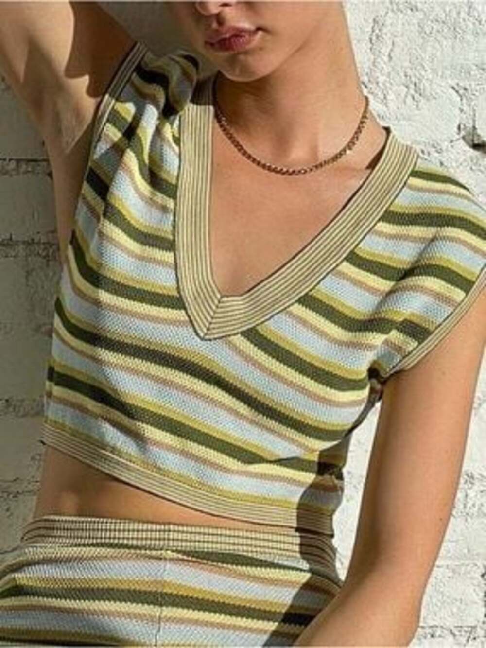 Lisa Says Gah Multi Striped V-Neck Knit Crop Top Vest